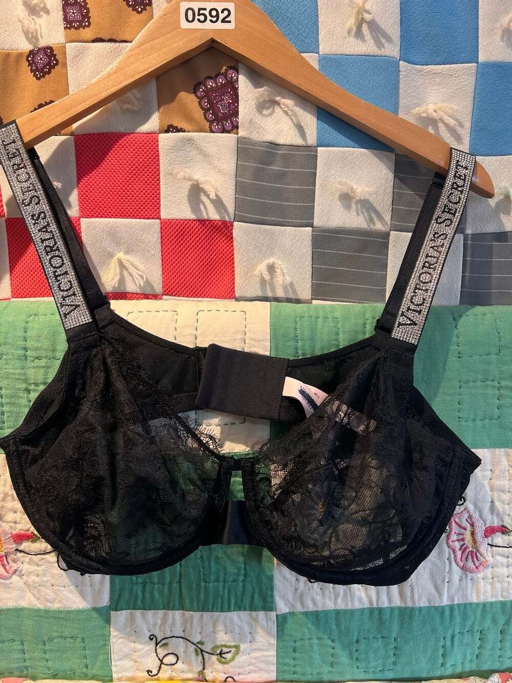 NWOT Victoria's Secret Unlined Demi Bra Size 38D Black Lace Rhinestone Straps